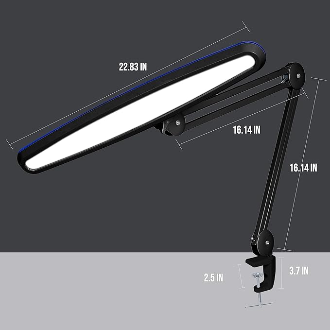 Neatfi XL LED Desk Lamp with Clamp – 2,200 Lumens, 23” Wide, Dimmable Task Light for Office, Study, Crafting & Nail Techs (Non-CCT with Clamp, Black)