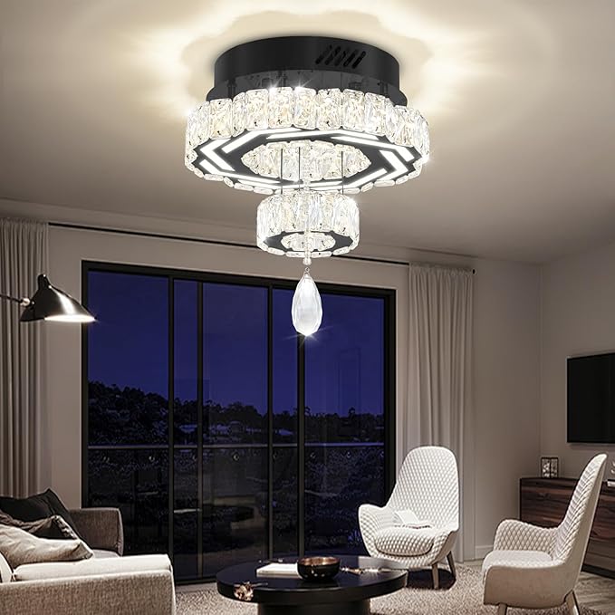 Flashing God 12" Modern Crystal Chandeliers Black Flush Mount Ceiling Chandelier Mini Chandelier for Hallway LED Dimmable Crystal Pendant Light for Dining Room Living Room Bedroom