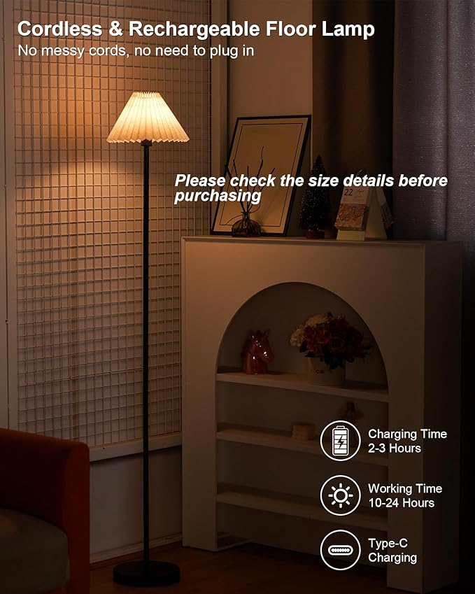 UMEXUS Cordless Floor Lamp for Bedroom, Rechargeable Battery Operated with Remote & Timer, Dimmable RGB, Pleated Standing Light Small Corner Pole Lamps for Living Room Bedside Outdoor Patio Home Decor