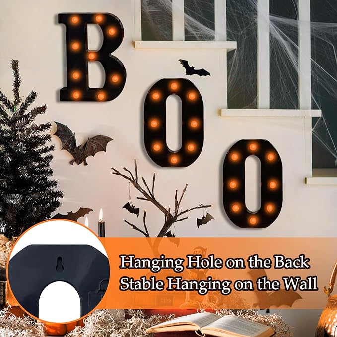 Halloween Decorations Indoor-Boo 3 Led Marquee Light up Letters Halloween Decor Boo Signs Light for Home Fireplace Room Desk Mantel Wall Table Bedroom Kitchen Vintage Gothic Party Supplies Ornaments