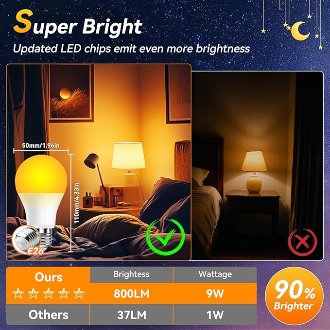 Neporal Amber Sleep Light Bulbs 1800K 8PK, 9W 60 Watt Equivalent, 99.96% Blue Blocking Soft Warm Light Bulbs A19, Amber Night Light E26 for Bedroom and Baby Nursery Light