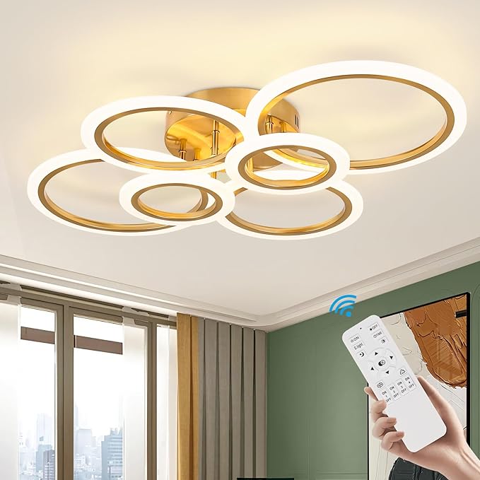 Gold Modern Flush Mount Ceiling Light,6 Rings Dimmable LED Modern Ceiling Light Fixture with Remote,Close to Ceiling Lamp for Living Room Bedroom Kitchen Lighting Fixtures Ceiling Mount