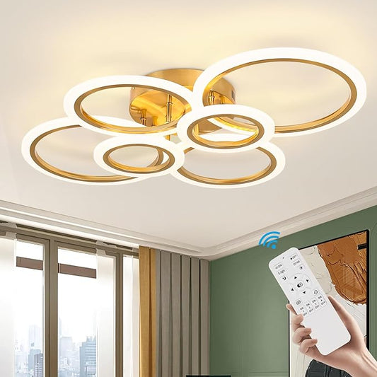 Gold Modern Flush Mount Ceiling Light,6 Rings Dimmable LED Modern Ceiling Light Fixture with Remote,Close to Ceiling Lamp for Living Room Bedroom Kitchen Lighting Fixtures Ceiling Mount