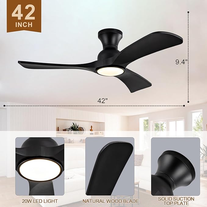 Black Ceiling Fans with Lights Flush Mount,42 inch Solid Wood,Remote Control,Wall Switch,Dimmable,Reversible,Noiseless,Power Off Memory Modern Ceiling Fan Low Profile for Bedroom Indoor/Outdoor