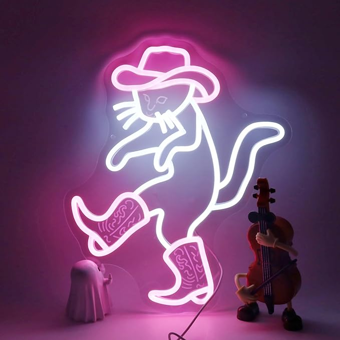 Cowboy Cat Funny Neon Light Sign,Pink Cowboy Hat Animal Neon Sign for Western Rodeo Decor,Novelty Hand Gesture Led Light Up Sign for Home Decoration Bedroom Decor