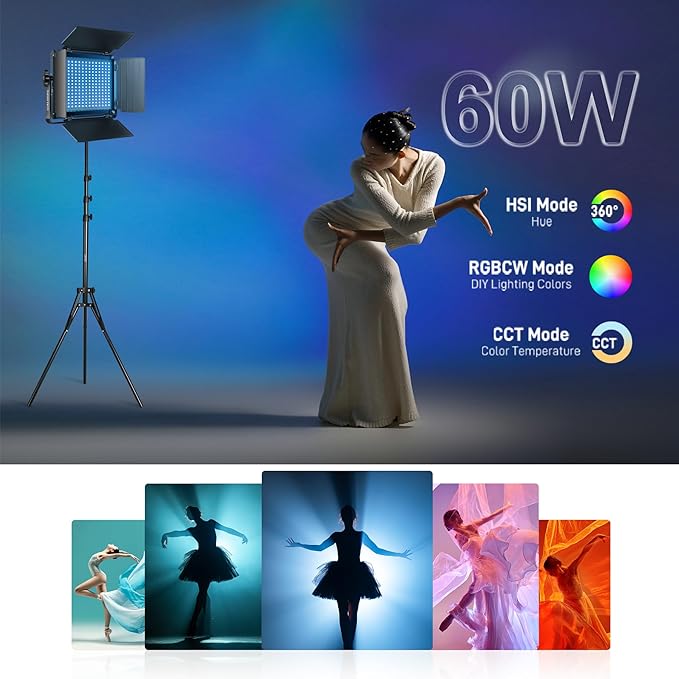 GVM Upgraded 60W RGB LED Video Light with Stand Kit, 880 Photography Lighting with Bluetooth Control, Studio Light with 18 Lighting Scenes, led Panel Lights for Video Recording, 8700lux/0.5m