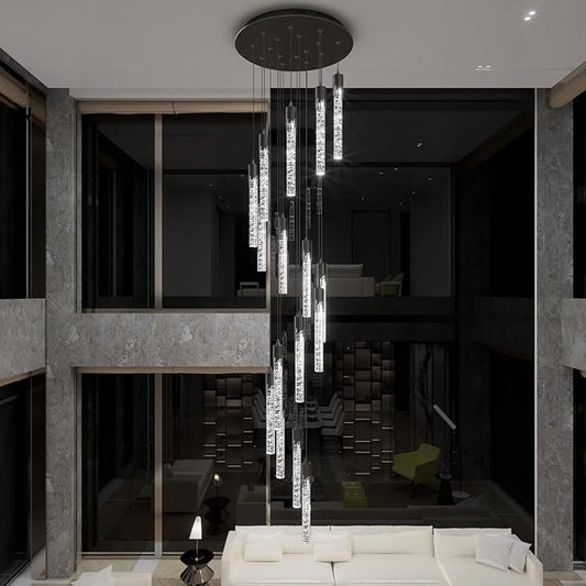 Flashing God Black Chandelier 16-Lights Staircase Chandelier for Living Room Hight Ceiling Foyer Pendant Lighting Fixture Modern Raindrop Crystal Chandelier Spiral Stairwell Lighting
