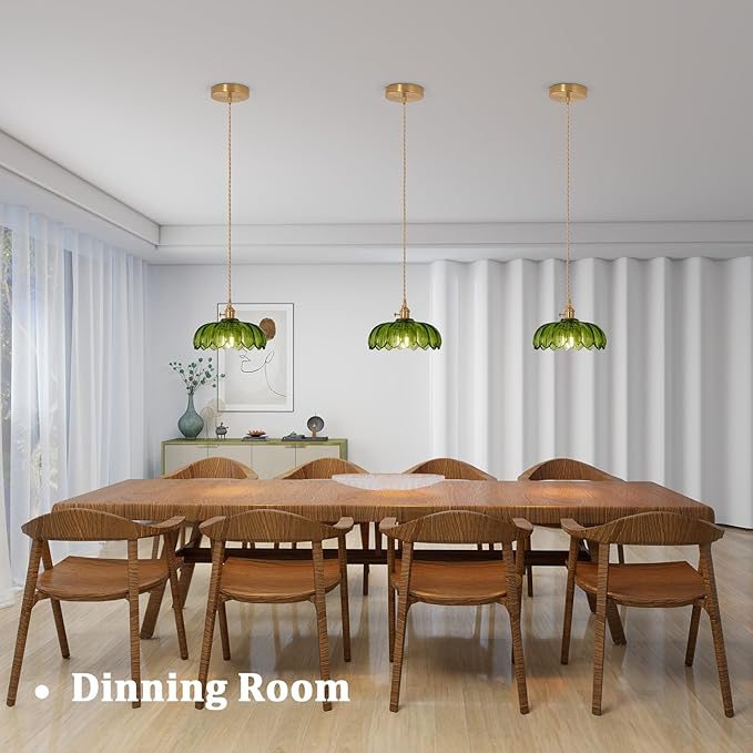 Pendant Light with Green Scindapsus Glass Lmapshade, Brass Vintage Pendant Light Adjustable Hanging Light for Kitchen Island Dining Room Hallway
