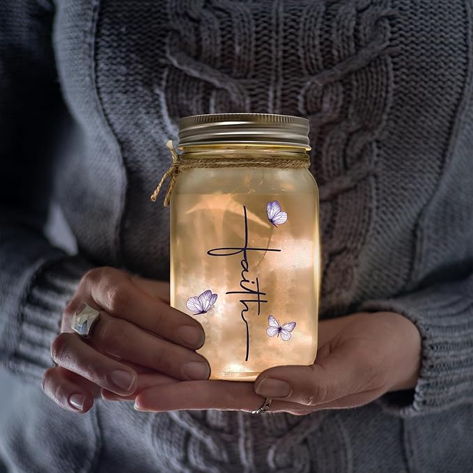 Religious Gifts for Women Christian Mason Jar Lamp - Easter Mothers Day Inspiration for Mom Bible Encouragement Gifts for Women - Faith Jar 14oz Nightlight Bible Scripture for Mom Nana Girlfriend
