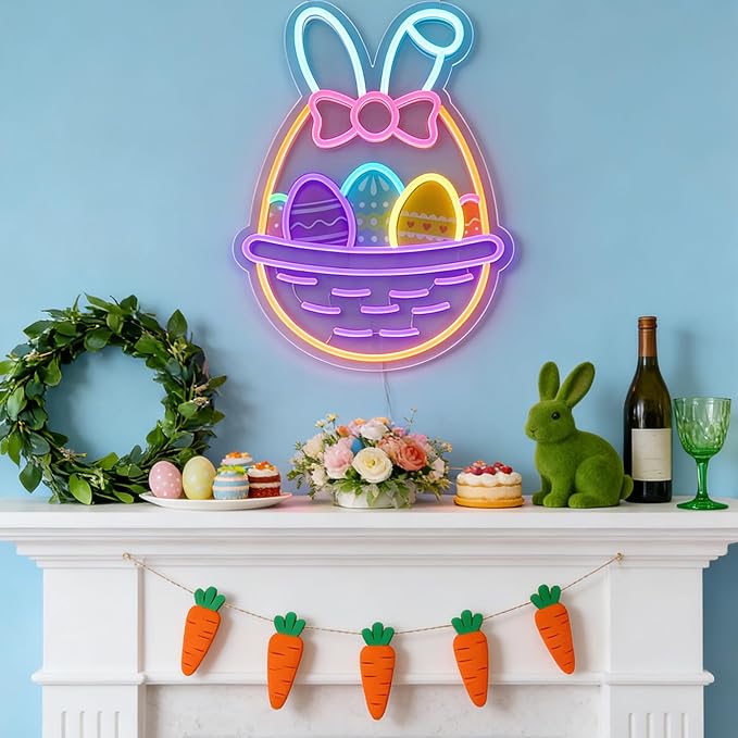 16 In Easter Egg Basket Neon Sign with Bunny Dimmable Bow Egg Basket Led Sign Neon for Wall Decor for Window Party Gifts Bedroom Holiday Spring Bar Home Business Holiday