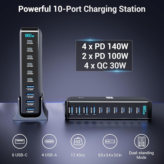 880W USB C Charging Station, 10-Port Desktop USB Charger, USB C Charger Block for Multiple Devices for MacBook Pro/Air, DELL, iPad, iPhone, Samsung Galaxy
