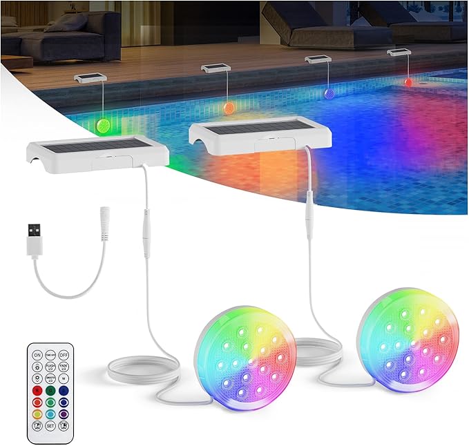 2-in-1 Solar Pool Lights, USB Rechargeable Pool Lights with Remote, 4.55 Inch IP68 Waterproof 22 Colors Solar Submersible LED Lights with Magnet for Inground Pools, Above Ground Pools 2 Pack