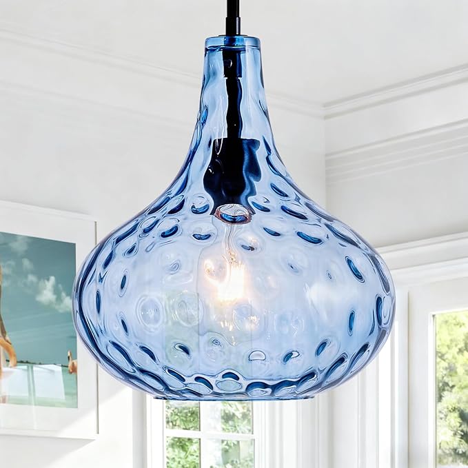 11" Hand-Blown Blue Glass Pendant Light, Hammered Glass Shade with Black Finish, Adjustable Modern Hanging Light Fixture for Kitchen Island, Dining Room, Hallway, Living Room