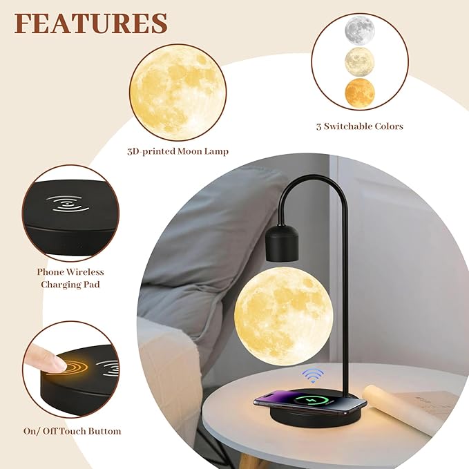 Floating Moon Lamp with 3 Color LED Lights, Magnetic Levitating Moon Ball & Wireless Phone Charger Elegant Home Office Decor Ideal Unique Gift with Cool Mesmerizing Night Display