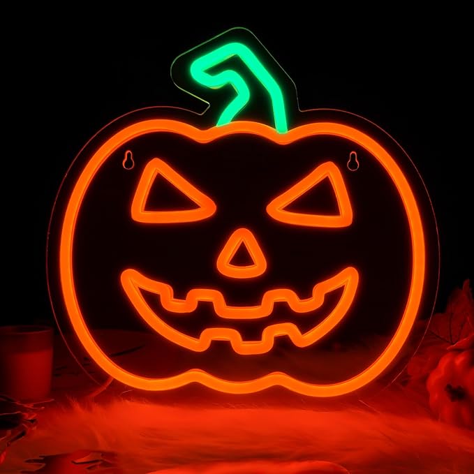 MissAudrey Halloween Light Up Pumpkin Neon Sign, Neon Sign Halloween Window Hanging Lights, Green Orange Acrylic Thanksgiving Art Wall Fall Decor for Home Bedroom Bar Pub Club Party，5V USB Powered
