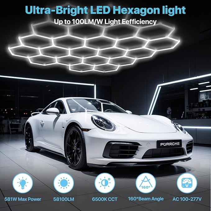 HYPERLITE Gen 2 Hexagon Garage Light, Upgraded 3 Level Dimmable 581W 58100LM Super Bright Garage Detailing Lights, 22 Grids Hexagon Shop Lights, Hex LED Lights for Basement, Gym, Barber