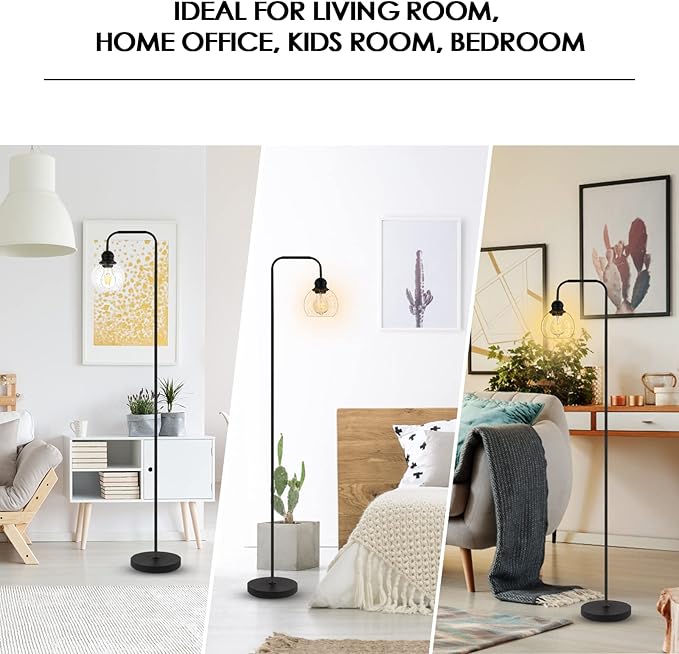 Modern Floor Lamp for Living Room with 6W LED Bulb, Industrial Floor Lamp, Seeded Glass, Black Classic Reading Tall Lamp for Home Office, Standing Lamps for Bedroom, Minimalist, Vintage, Farmhouse