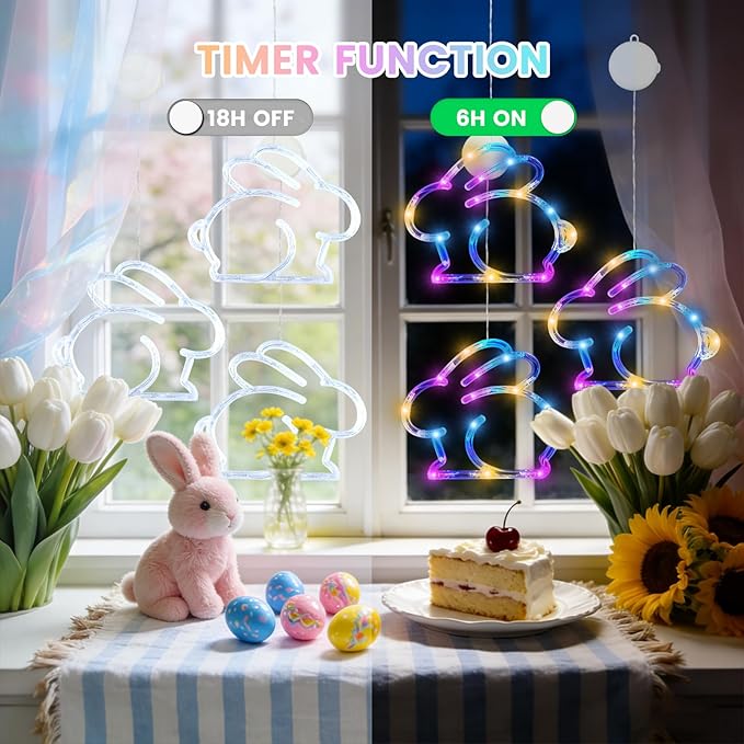 3 Pack Easter Window Lights, Multicolor Bunny Lights, Battery Operated Easter Window Decorations Light up with Suction Cup and Timer Function for Indoor Window Glass Wall Party Decor