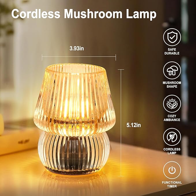 Small Battery Operated Lamp with Timer, Tiny Cordless Glass Table Lamp for Home Decor, Kitchen, Bathroom, Birthday Gift for Women, Mushroom, Amber