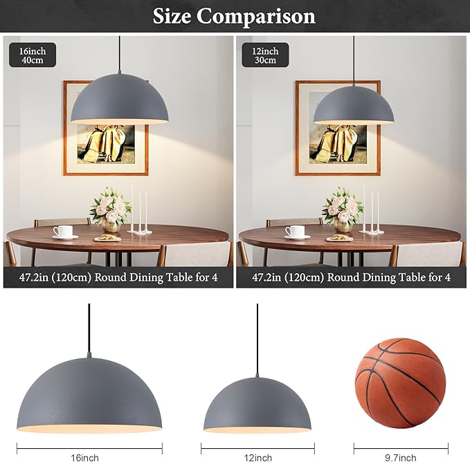 Industrial Pendant Lights Kitchen Island, 16 Inch Grey and White Metal Dome Pendant Light Fixtures, Farmhouse Hanging Light Fixture for Dining Room Restaurant Foyer Cafe, 2 Pack