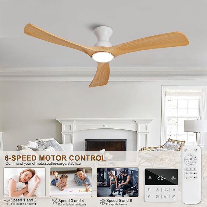Flush Mount Ceiling Fans with Lights,52 inch,Remote Control,Wall Switch,Solid Wood Blades,Dimmable,Reversible Noiseless,Power Off Memory Modern Ceiling Fan for Bedroom Patio Indoor/Outdoor Use