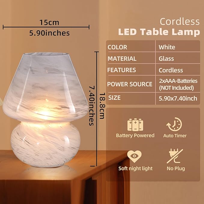 MJ PREMIER Mushroom Lamp, Battery Operated Lamps Timer, Cordless Table Lamp with LED Bulb for Power Light, Decorative Home Decor for Living Room Kitchen Bedroom (Cloud)
