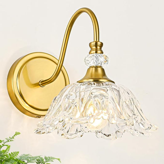 1 Piece Gold Wall Sconce with Floral Clear Glass Shade, Brushed Gold Finish Wall Mount Lighting for Bathroom,Vintage Bathroom Vanity Light Fixtures