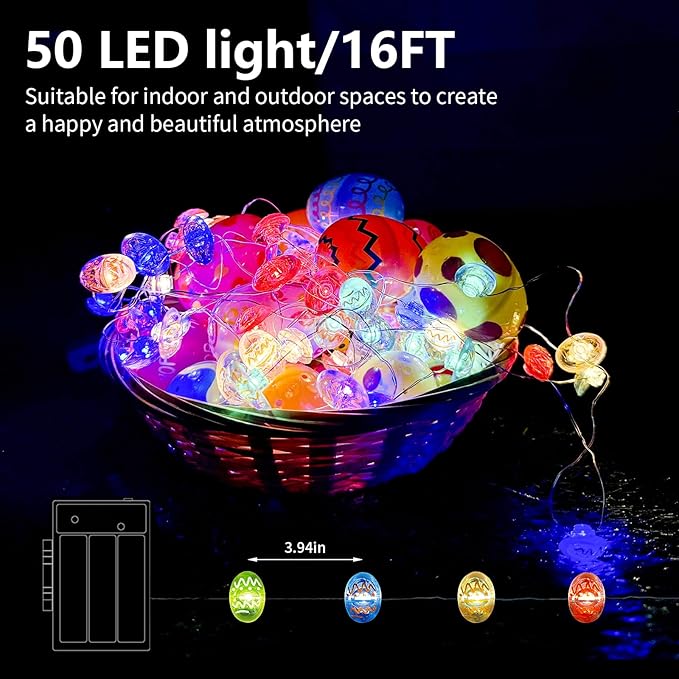 pozzolanas Led Fairy Lights Battery Operated Mini String Lights 1P Easter Egg Lights 16FT 50LEDs Waterproof for Easter Indoor Outdoor Home Party Tree Windows