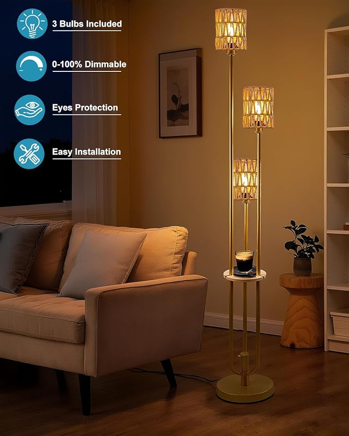 Lightdot Dimmable Boho Floor Lamps for Living Room, 3-Lights Rattan Floor Lamp with Shelves, Farmhouse Floor Lamp, Rustic Gold Standing Lamp with Warmwhite Bulbs Included for Sofa Beside/Corner Decor