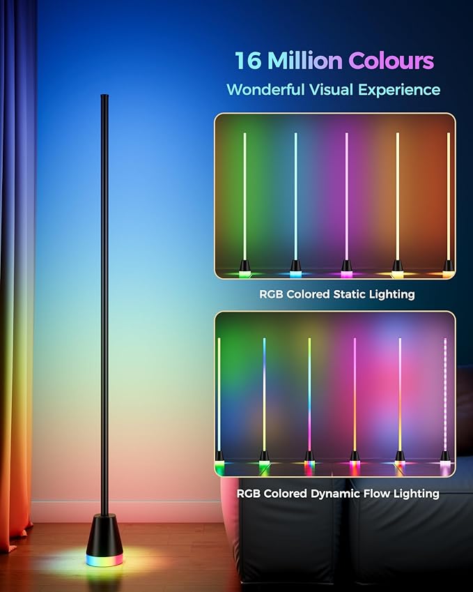 Corner Floor Lamp, Smart RGB LED 60 Inch Standing Lamp with 344 LEDs, App & Remote Control, 16 Million Colors & Music Sync for Bedroom, Gaming Room, Home Decor, Modern Ambient Lighting
