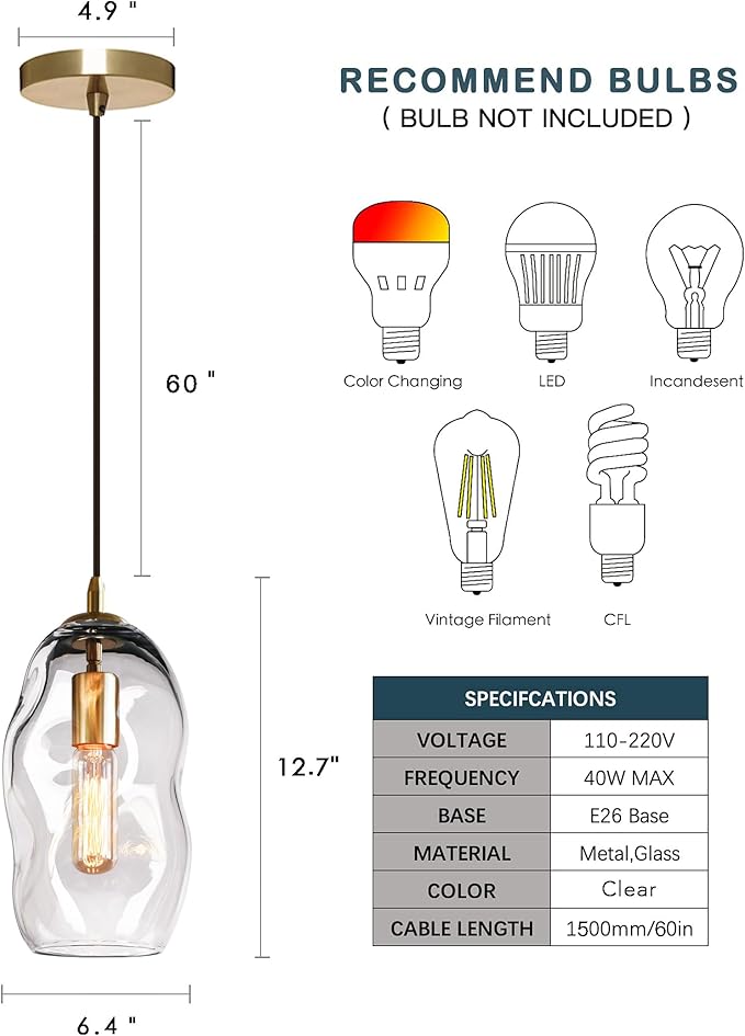 CASAMOTION Pendant Lights Blown Art Glass Modern Kitchen Island Lighting Bedroom Dining Room Table Foyer Entryway Hallway Brass Gold Kit Clear Large Lamp 12" Inch 1 Pack