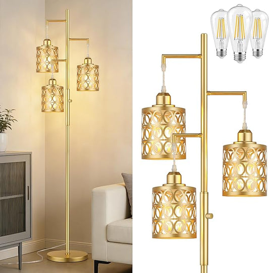 QiMH Gold Industrial Floor Lamps for Living Room, Modern Standing Lamp with Stepless Dimmable, 68" Tall Lamps for Bedroom Home Office, 3 LED Bulbs Included