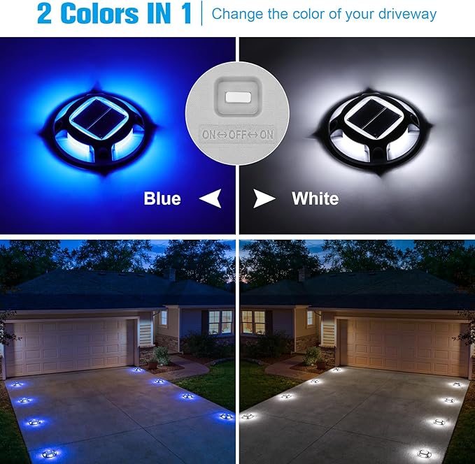 VOLISUN Solar Driveway Lights Dock Marine Lights 20 Pack,2 Colors in 1,Outdoor LED Deck Light,Solar Powered Waterproof Warning Step Light for Driveway Sidewalk Pathway (Blue/White),Saltwater Resistant