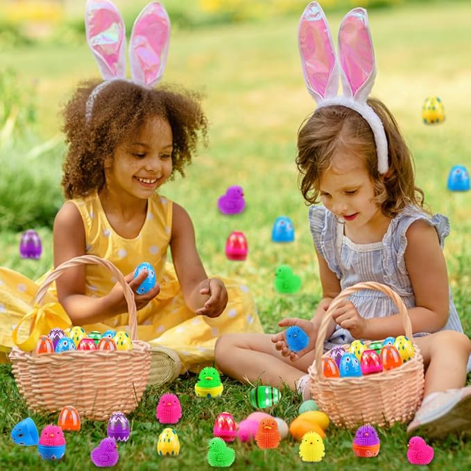 JOICEE 24 Pack Easter Eggs Filled LED Chick Duck Puffer Balls,Light Up Glowing Stress Relief Fidget Squeeze Sensory Soft Ball for Kids Easter Basket Stuffers Easter Eggs Hunt Gifts Party Favors