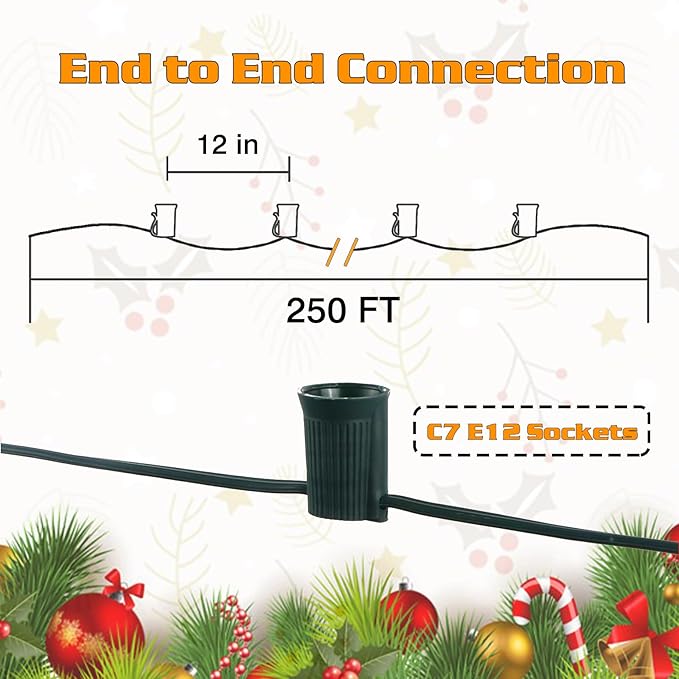250FT C7 Light String Christmas Stringer, E12 Christmas Sockets 12" Spacing, C7 Stringer Set Green Outdoor String Light for Wedding Patio Event Lighting Decor, Green Wire