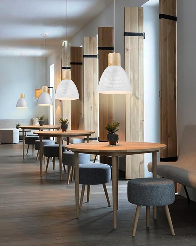 ELYONA 10.2” Hammered Pendant Light Fixtures, Metal & Rubber Wood Island Hanging Lamp, Adjustable Height, Modern Pendant Lighting for Kitchen,Farmhouse Bar,Dining Room,Bedroom, Nordic White