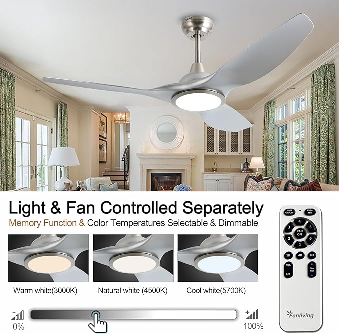 52 Inch Quiet DC Motor Ceiling Fan with Light Remote Control, Indoor 3 Blade Silver Modern Ceiling Fan for Bedroom Living Room Porch
