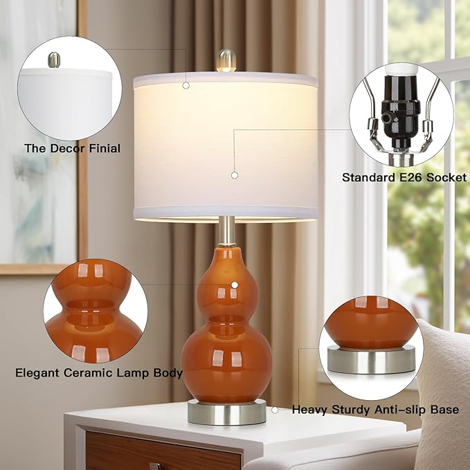 Double Gourd Ceramic Table Lamps Set of 2, Modern Red Bedside Lamps for Night Stand, Contemporary Nightstand Lamps for Bedroom Living Room (Bulb Included)