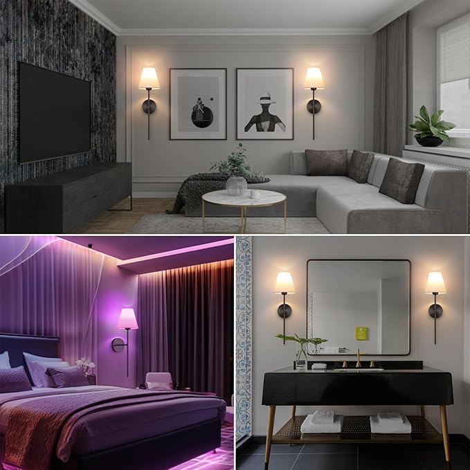 Battery Operated Wall Sconce Set of 2,15 Colors Wireless Wall Light With Dimmable Remote Control Last 18-50 Hours,Black Rechargeable Wall Lamp With White Fabric Shade For Living Room Bedroom Hallway