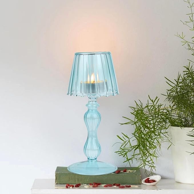 Desk Lamp Shaped Glass Candle Holder - Glass Hurricane Candleholder Crystal Decorative Candle Stand for Table Wedding Dinning Centerpieces Party Supplies Festival Decor Blue