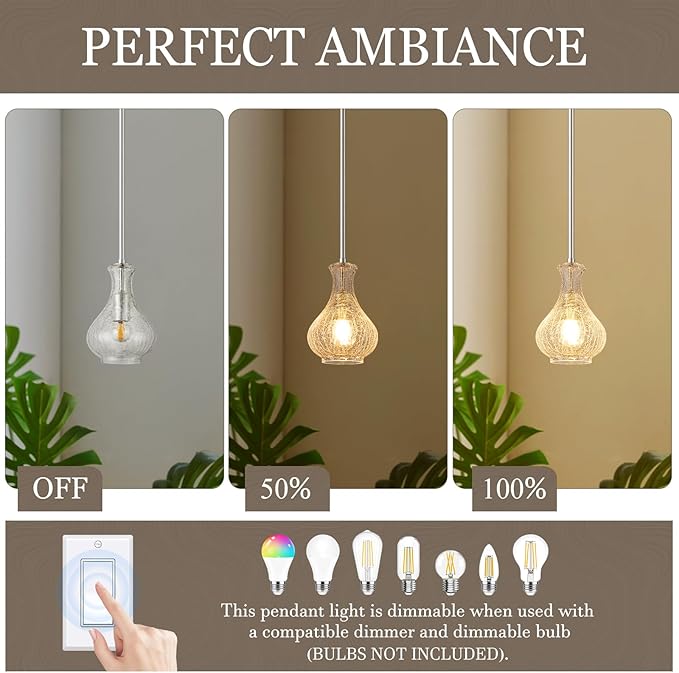 Brushed Nickel Pendant Lights Kitchen Island, 5.9" Modern Crackle Glass Pendant Light Fixtures Single Hanging Lighting with Adjustable Rods for Kitchen Island, Sink, Bathroom, E26 Base