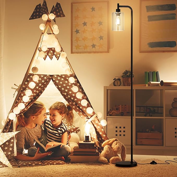 Floor Lamps for Living Room - Standing Lamp with Grey Glass Shade, Modern Floor Lamp with LED Bulbs, Industrial Floor Lamp for Bedroom, Black Tall Lamp for Office(Light Bulb Included)