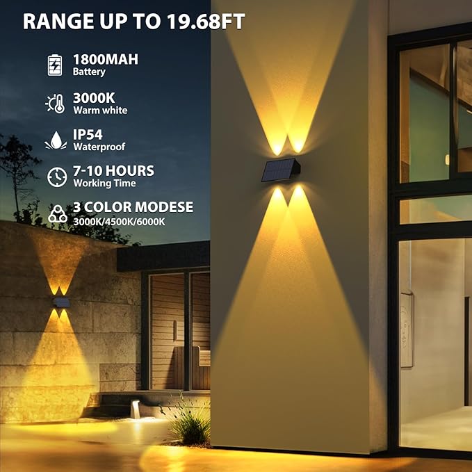 Solar Fence Lights,6Pack Solar Lights Outdoor Warm White & Natural Light & Cool White Up & Down Solar Wall Lights Waterproof 100 Lumens Fence Light forBackyard/Pool/Railing/Patio/Porch/Step