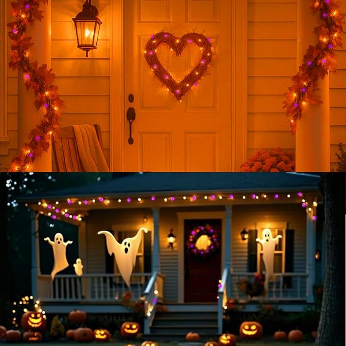 LAMPHOME Orange Purple Halloween String Lights Outdoor, 32.5FT 100 LED Waterproof Christmas Lights with 16 Lighting Modes for Halloween Garden Party Christmas Xmas Tree Lights Decor