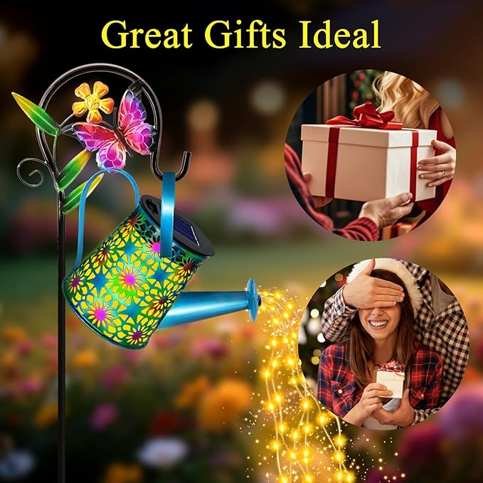 Solar Lights Outdoor Decorative, Blue Metal Solar Watering Can Lights Waterproof, Gifts for Women Mom Grandma Birthday, Hanging Lantern Decoration Garden Decor Yard Light for Outside Patio Lawn Porch