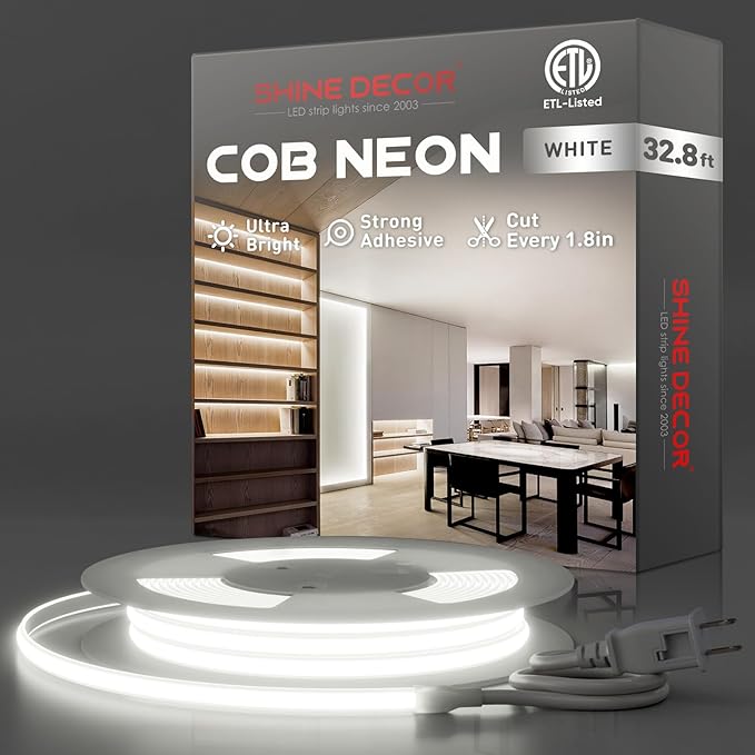 Shine Decor COB LED Rope Light AC 120V, 800lm Ultra Bright, IP65 Waterproof Cold-Resistant ETL Neon Strip, No Driver Tape Lighting for Home Commercial 10x4.5mm, 6000K Cool White, 32.8ft