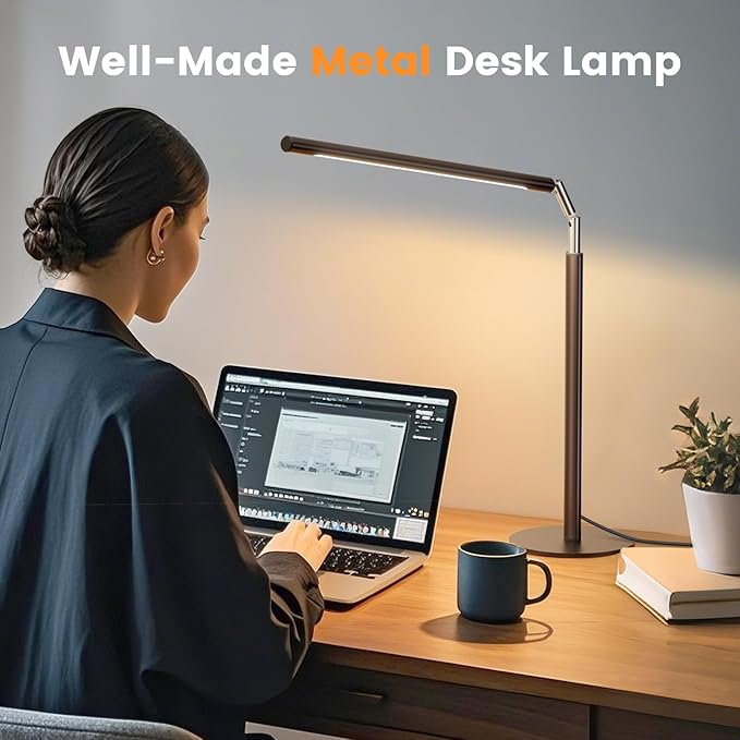 Brown LED Desk Lamp, 16" Dimmable Metal Desk Light with Base, 15W 1200LM, Adapter Included, Color & Brightness Adjustable, Modern Tall Table Lamp for Home Office Reading Study Task Laptop