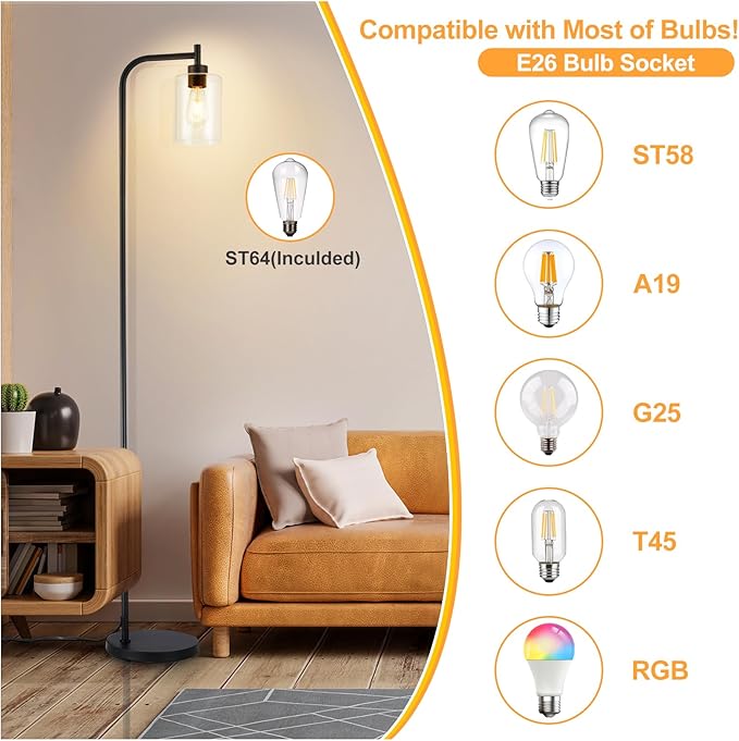 DLLT Floor Lamp Tall for Room: Black Standing Lamp with Clear Glass Lampshade for Living Room - Modern Bright Lamp for Bedroom - Industrial Corner Floor Lamps for Office 8W Led Bulb Included