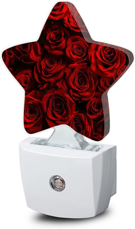 Red Rose Flowers Nightlight,Romantic Roses Star Night Lights Plug into Wall Decorations for Bedroom Bathroom,Dusk to Dawn Sensor Kitchen Hallway Stairs Energy Efficient Desk Lamp