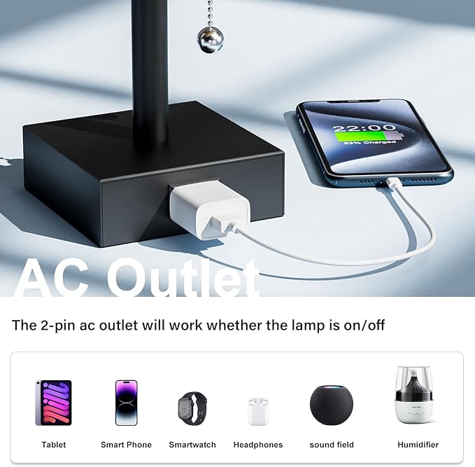Grey Bedside Lamps for Bedroom Set of 2 - Small Nightstand Lamp with AC Outlet Charging Port, 3 Color Temperatures Rectangular Desk Light with Bulb, Tabletop Reading Lamp for Living Room/Dorm/Office